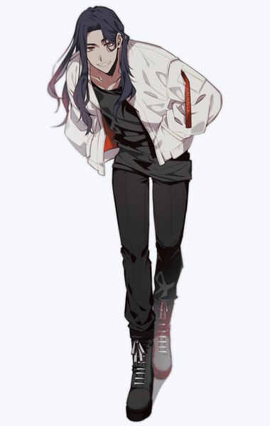 Anime picture 1067x1686 with tokyo revengers baji keisuke sukaha (pixiv6351707) single long hair tall image looking at viewer black hair simple background smile red eyes white background full body head tilt open jacket grin hands in pockets boy jacket bomber jacket