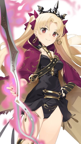 Anime picture 640x1136 with fate (series) fate/grand order toosaka rin ereshkigal (fate) hayashi kewi single long hair tall image looking at viewer blush light erotic simple background blonde hair smile red eyes white background nail polish fingernails two side up hand on hip