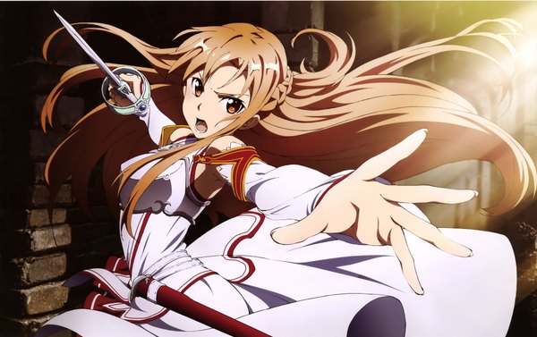 Anime picture 4066x2556 with sword art online a-1 pictures yuuki asuna yonezawa masaru single long hair looking at viewer highres open mouth brown hair brown eyes absurdres scan official art girl weapon detached sleeves sword cloak