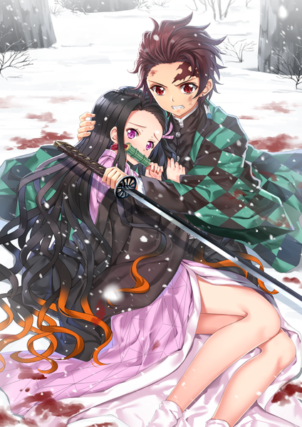 Anime picture 1102x1560 with kimetsu no yaiba ufotable kamado nezuko kamado tanjirou swordsouls long hair tall image looking at viewer blush short hair black hair red eyes brown hair sitting purple eyes holding payot bent knee (knees) outdoors lying