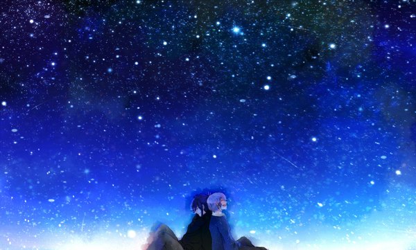 Anime picture 1610x971 with no.6 studio bones nezumi (no.6) shion (no.6) oiusodaro (artist) short hair open mouth smile wide image sitting twintails purple hair white hair eyes closed night night sky back to back boy scarf star (stars)
