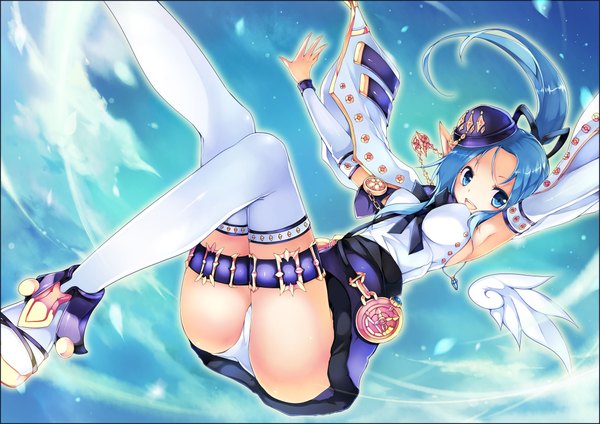 Anime picture 2104x1488 with original liy093275411 single long hair highres open mouth blue eyes light erotic blue hair cloud (clouds) ponytail girl thighhighs underwear panties hat detached sleeves white thighhighs wings