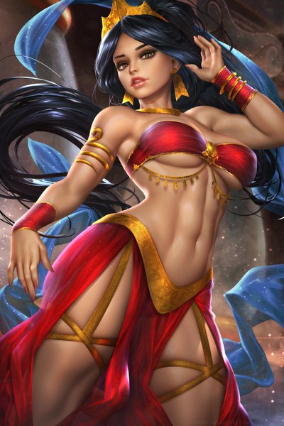 Anime picture 2400x3597 with aladdin disney jasmine nudtawut thongmai single long hair tall image looking at viewer fringe highres breasts open mouth light erotic black hair large breasts standing brown eyes signed ponytail nail polish