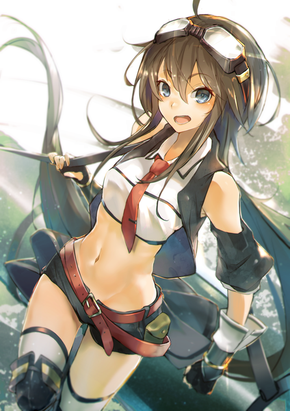 Anime picture 1308x1852 with sennen sensou aigis cruel gz single tall image looking at viewer blush fringe open mouth light erotic hair between eyes brown hair holding ahoge very long hair black eyes blurry floating hair groin goggles on head backlighting