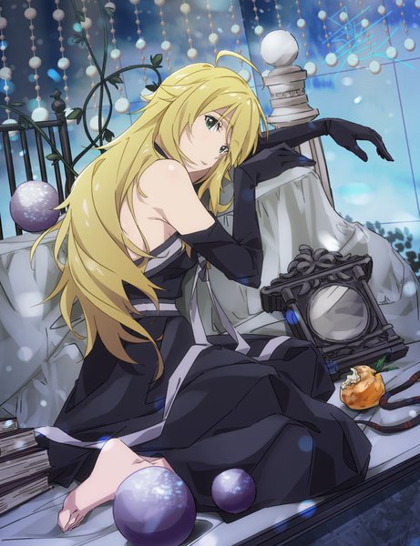 Anime picture 2696x3508 with idolmaster idolmaster (classic) hoshii miki taku1122 single long hair tall image looking at viewer fringe highres blonde hair sitting green eyes ahoge indoors parted lips barefoot dutch angle turning head girl