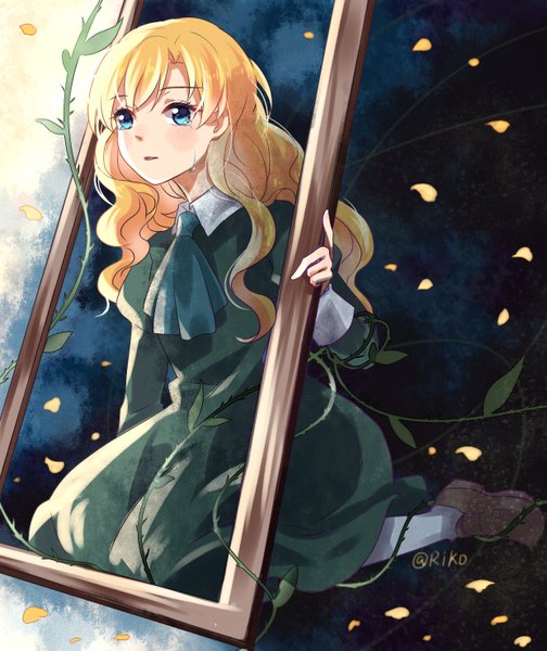 Anime picture 1239x1475 with ib (game) mary (ib) xia si kong single long hair tall image looking at viewer blush fringe blue eyes blonde hair sitting parted lips tears framed girl dress plant (plants) petals necktie