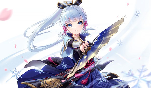 Anime picture 1920x1125 with genshin impact kamisato ayaka lalazyt single long hair looking at viewer fringe highres blue eyes simple background wide image standing white background holding payot blue hair ponytail blunt bangs traditional clothes parted lips