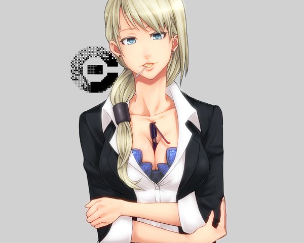 Anime-Bild 1600x1280 mit c: the money of soul and possibility control jennifer satou single long hair blue eyes simple background blonde hair tail grey background partially open clothes sunglasses removed girl earrings shirt sunglasses suit lollipop