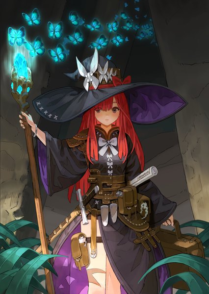 Anime picture 5000x7042 with original arowana2111 long hair tall image looking at viewer fringe highres standing purple eyes holding signed absurdres red hair long sleeves fingernails hair over one eye wide sleeves glowing sleeves past wrists sheathed
