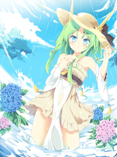 Anime picture 900x1200 with original nibiiro shizuka single long hair tall image looking at viewer blush blue eyes bare shoulders sky cloud (clouds) green hair girl dress flower (flowers) hat detached sleeves water