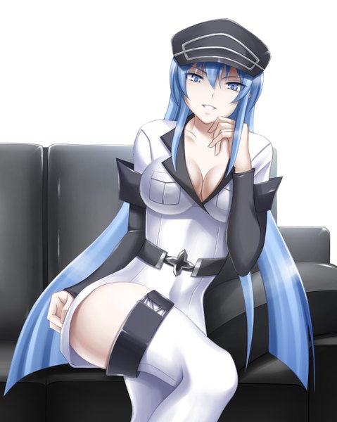 Anime picture 1140x1428 with akame ga kill! white fox esdeath kyo-second single long hair tall image looking at viewer breasts blue eyes large breasts white background sitting blue hair cleavage light smile girl thigh boots couch suit