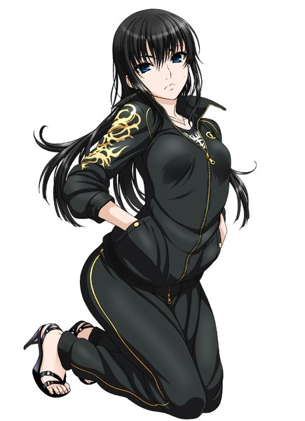 Anime picture 725x1000 with tomokazu sugita no anigera deduuun isse single long hair tall image looking at viewer fringe blue eyes black hair simple background standing white background bent knee (knees) mole high heels kneeling hands in pockets girl jacket pendant