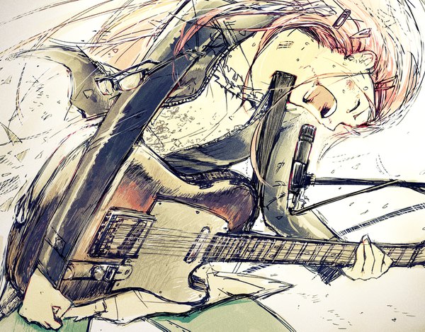 Anime picture 1500x1173 with original kurobuta gekkan single long hair open mouth simple background white background red hair eyes closed long sleeves open jacket playing instrument injury screaming eyewear removed cuts girl skirt pantyhose glasses