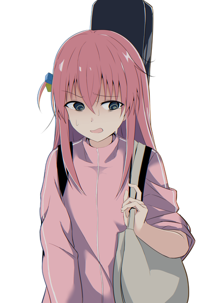 Anime picture 1410x2040 with bocchi the rock! cloverworks gotou hitori cac itinose single long hair tall image fringe open mouth blue eyes hair between eyes looking away pink hair upper body black eyes sweat one side up transparent background @ @ girl