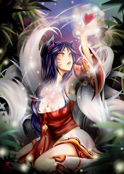 Anime picture 1240x1748 with league of legends ahri (league of legends) kanmaixso single long hair tall image fringe breasts open mouth large breasts bare shoulders looking away cleavage purple hair orange eyes shiny skin facial mark glowing multiple tails whisker markings