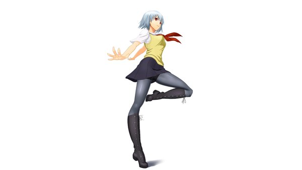 Anime-Bild 4000x2250 mit ben-tou david production yarizui sen single highres short hair simple background red eyes wide image white background blue hair absurdres girl skirt uniform school uniform pantyhose necktie thigh boots