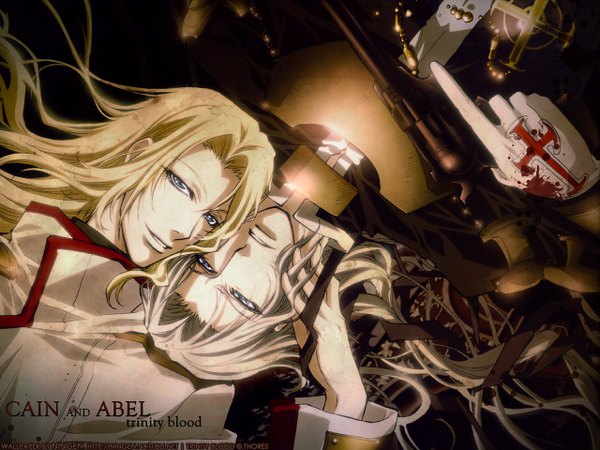 Anime picture 1280x960 with trinity blood gonzo abel nightroad cain nightroad long hair blonde hair smile very long hair face to face shounen ai gloves weapon gun blood