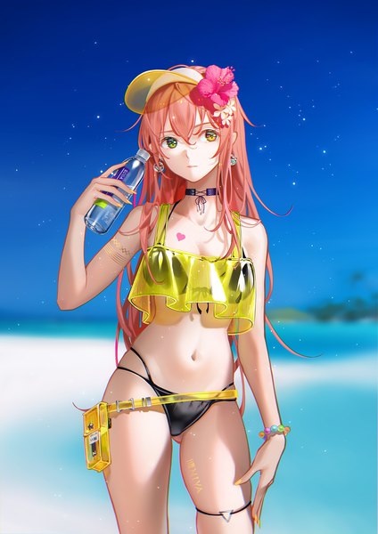Anime picture 1415x2000 with original tidsean single long hair tall image looking at viewer fringe breasts light erotic hair between eyes standing holding yellow eyes sky outdoors nail polish arm up hair flower fingernails blurry