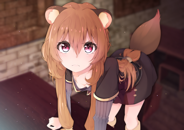 Anime picture 2280x1615 with tate no yuusha no nariagari kinema citrus raphtalia murata ryou single long hair looking at viewer blush fringe highres hair between eyes brown hair purple eyes animal ears payot indoors tail animal tail blurry arm support