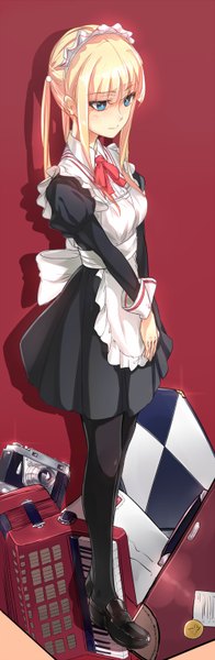 Anime picture 500x1524 with original phantania single long hair tall image blue eyes blonde hair twintails looking away maid red background girl pantyhose headdress bowtie maid headdress apron camera letter