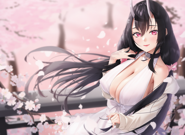 Anime picture 1900x1390 with original silver tokki single long hair looking at viewer blush fringe highres breasts light erotic black hair smile hair between eyes red eyes large breasts standing twintails cleavage upper body outdoors
