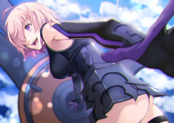 Anime picture 1500x1060 with fate (series) fate/grand order mash kyrielight yoshio (55level) single fringe short hair breasts open mouth light erotic purple eyes looking away pink hair sky ahoge ass hair over one eye girl gloves elbow gloves