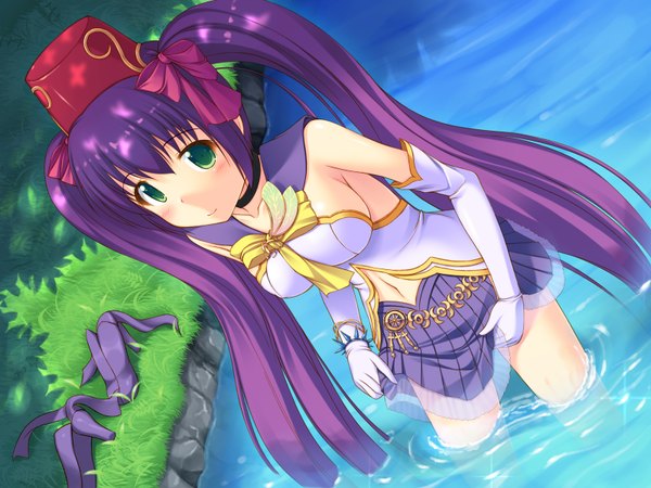 Anime picture 1600x1200 with kageira blush twintails green eyes purple hair very long hair river girl skirt gloves bow hair bow hat miniskirt water elbow gloves