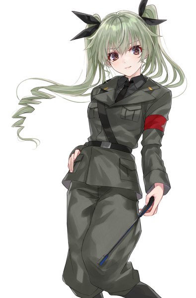 Anime picture 1349x2047 with girls und panzer anchovy (girls und panzer) mexif single long hair tall image looking at viewer fringe simple background hair between eyes white background twintails brown eyes grey hair hand on hip drill hair girl uniform ribbon (ribbons) hair ribbon