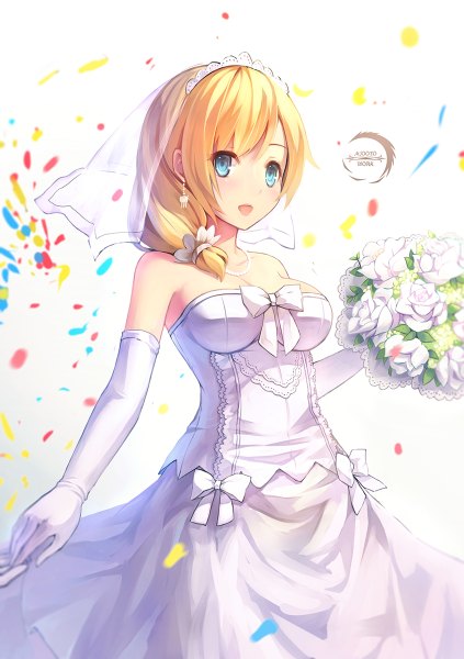 Anime picture 846x1200 with warship girls r xiaoyin li single long hair tall image blush open mouth blue eyes blonde hair white background girl dress gloves flower (flowers) bow elbow gloves white gloves bouquet wedding dress