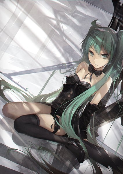 Anime picture 1000x1414 with vocaloid hatsune miku kieed single tall image looking at viewer fringe blue eyes hair between eyes sitting twintails bare shoulders blue hair bent knee (knees) very long hair wariza reflection girl shorts boots