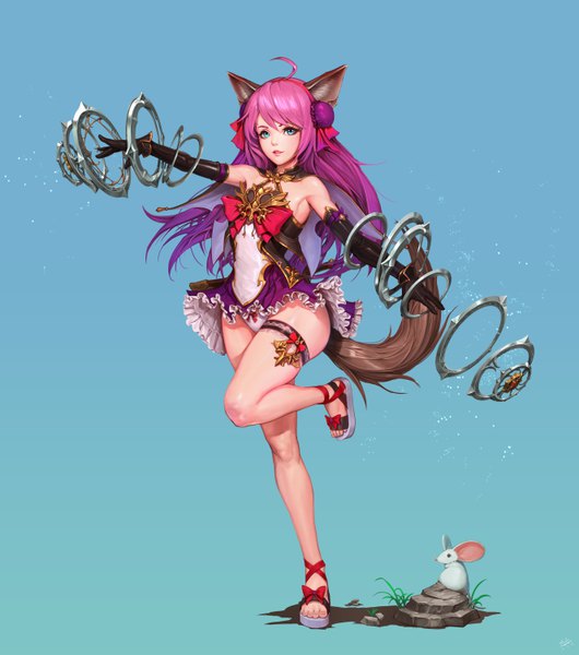 Anime picture 5307x6000 with original daejun park single long hair tall image looking at viewer fringe highres breasts light erotic hair between eyes standing bare shoulders signed animal ears pink hair absurdres purple hair full body ahoge