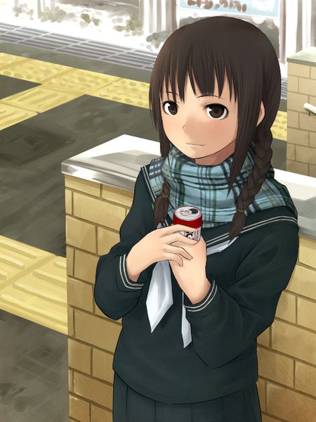 Anime picture 960x1280 with original okiru (artist) single long hair tall image black hair braid (braids) black eyes girl serafuku scarf