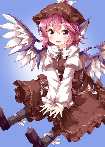 Anime picture 1000x1400 with touhou mystia lorelei ruu (tksymkw) single tall image looking at viewer blush fringe short hair open mouth simple background hair between eyes purple eyes animal ears pink hair purple background girl hat wings