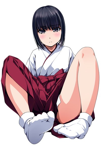 Anime picture 800x1200 with original matsunaga kouyou single tall image looking at viewer blush short hair light erotic black hair simple background white background traditional clothes japanese clothes black eyes legs miko girl socks white socks
