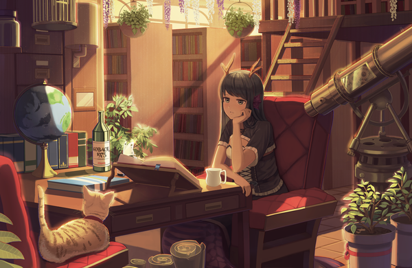 Anime picture 6000x3900 with original goback single long hair fringe highres black hair sitting signed looking away absurdres indoors horn (horns) sunlight grey eyes cleavage cutout chin rest monster girl reading girl