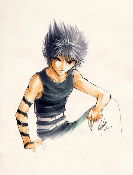 Anime picture 778x1026 with yu yu hakusho hiei jaganshi atomic-clover single tall image short hair simple background red eyes sitting signed looking away grey hair tattoo spiked hair boy belt pendant