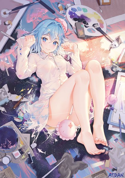 Anime picture 1138x1610 with vocaloid synthesizer v haiyi atdan single long hair tall image looking at viewer blush fringe breasts blue eyes light erotic smile hair between eyes signed blue hair full body lying barefoot