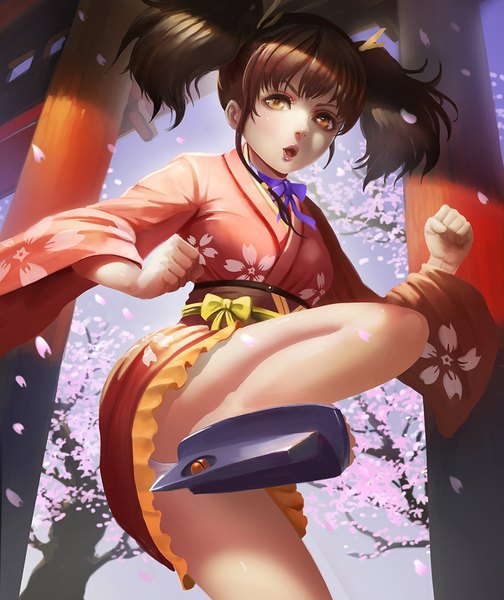 Anime picture 1000x1189 with koutetsujou no kabaneri kabaneri of the iron fortress wit studio mumei (kabaneri) turewindwalker single tall image looking at viewer short hair open mouth light erotic black hair twintails brown eyes traditional clothes japanese clothes realistic bare legs pantyshot legs