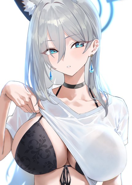 Anime picture 2126x2968 with blue archive shiroko (blue archive) shiroko terror (blue archive) kazane-wind single long hair tall image looking at viewer fringe highres breasts blue eyes light erotic hair between eyes large breasts animal ears silver hair upper body parted lips arm up