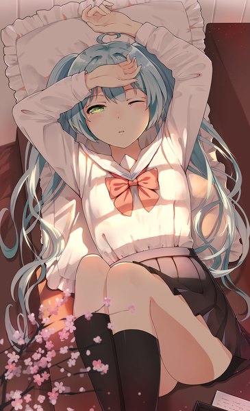 Anime picture 1104x1811 with vocaloid hatsune miku gkn levi single long hair tall image looking at viewer blush fringe light erotic twintails green eyes ahoge lying parted lips pleated skirt one eye closed from above aqua hair arms up