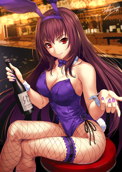 Anime picture 1000x1414 with fate (series) fate/grand order scathach (fate) (all) scathach (fate) sakiyamama single long hair tall image looking at viewer fringe breasts light erotic hair between eyes red eyes sitting holding signed animal ears cleavage purple hair