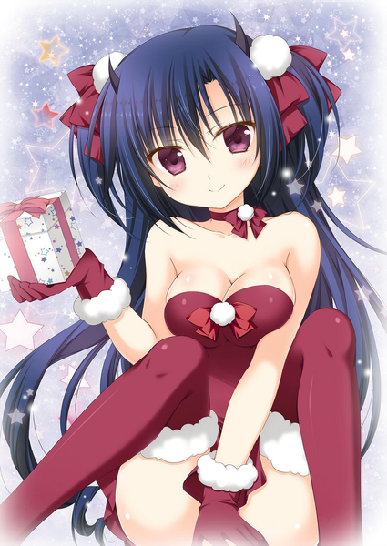 Anime-Bild 1451x2048 mit alice or alice yamiri (alice or alice) korie riko single long hair tall image looking at viewer blush fringe breasts light erotic smile hair between eyes large breasts sitting purple eyes twintails bare shoulders holding blue hair