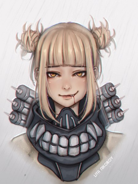 Anime picture 2473x3300 with boku no hero academia studio bones toga himiko liya nikorov single tall image looking at viewer blush fringe highres short hair simple background blonde hair smile signed yellow eyes payot upper body blunt bangs grey background