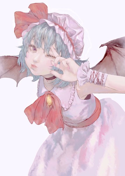 Anime picture 1462x2048 with touhou remilia scarlet ustsugi (me666nm) single tall image looking at viewer fringe short hair simple background standing purple eyes nail polish one eye closed wink aqua hair grey background leaning leaning forward bat wings puffy cheeks