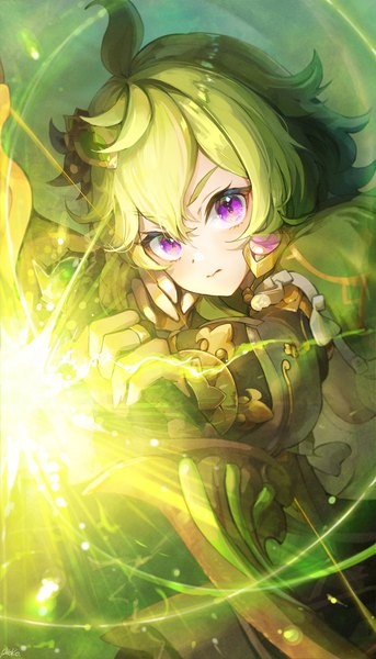 Anime picture 1252x2191 with genshin impact collei (genshin impact) pistachiocream single long hair tall image fringe hair between eyes purple eyes looking away ahoge green hair archery girl weapon bow (weapon)