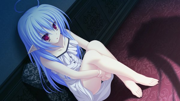 Anime picture 1920x1080 with lunaris filia melis mikagami mamizu long hair highres light erotic red eyes wide image blue hair game cg braid (braids) pointy ears loli twin braids girl sundress