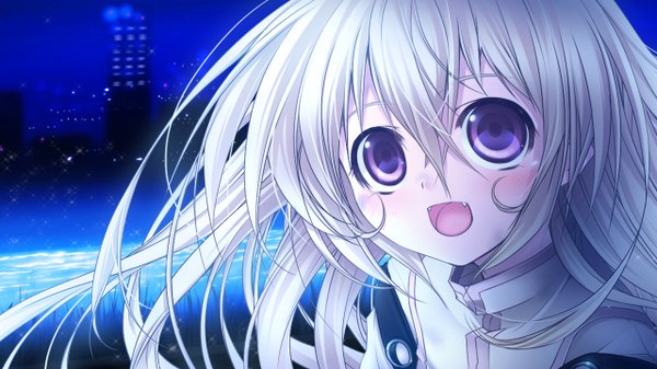 Anime picture 1280x720 with gothic delusion lo cura single long hair blush fringe open mouth wide image purple eyes game cg white hair night teeth loli fang (fangs) night sky blue background girl building (buildings)