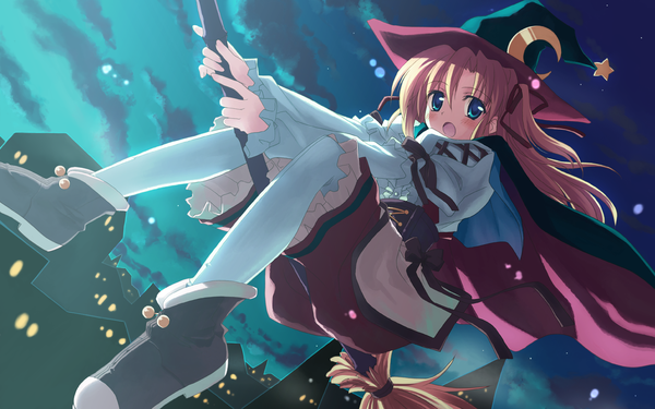Anime picture 1920x1200 with sakura strasse marie rudel yuuki tatsuya single long hair blush highres open mouth blue eyes blonde hair wide image twintails looking away night wallpaper night sky halloween flying witch girl