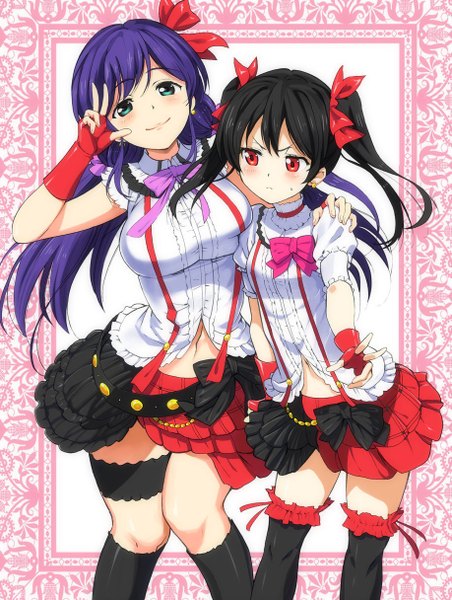 Anime picture 917x1216 with love live! school idol project sunrise (studio) love live! yazawa nico toujou nozomi metallican long hair tall image blush black hair smile red eyes twintails multiple girls purple hair aqua eyes short sleeves embarrassed hug low twintails