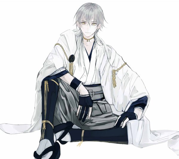 Anime picture 1100x978 with touken ranbu nitroplus tsurumaru kuninaga hogi single long hair looking at viewer fringe simple background hair between eyes white background sitting yellow eyes silver hair traditional clothes japanese clothes expressionless boy gloves black gloves